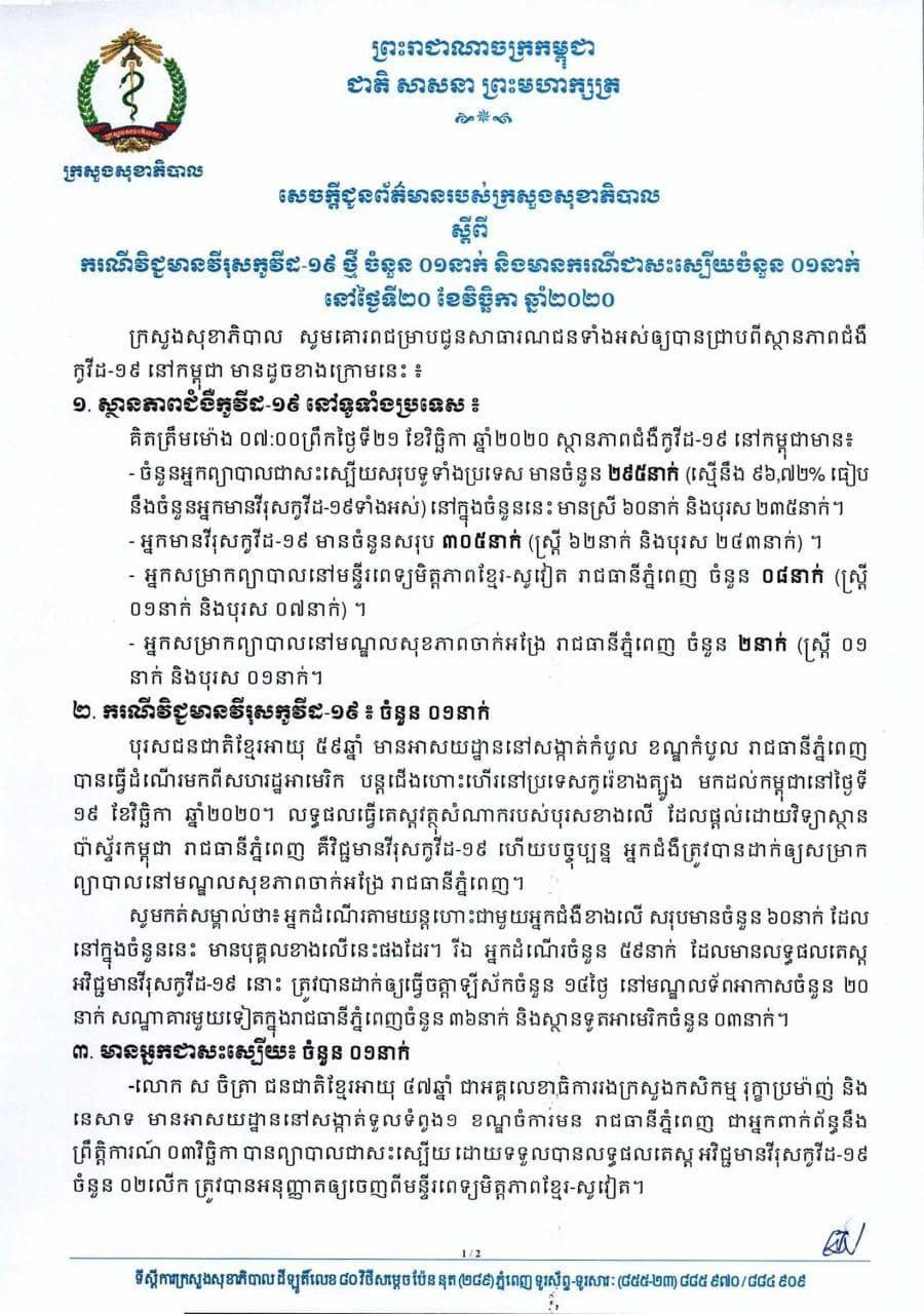 អ្នកឆ្លងកូវីដ១៩ថ្មី ម្នាក់បានរកឃើញនោះ ទើបមកពីអាមេរិក និងអ្នកជាសះស្បើយម្នាក់