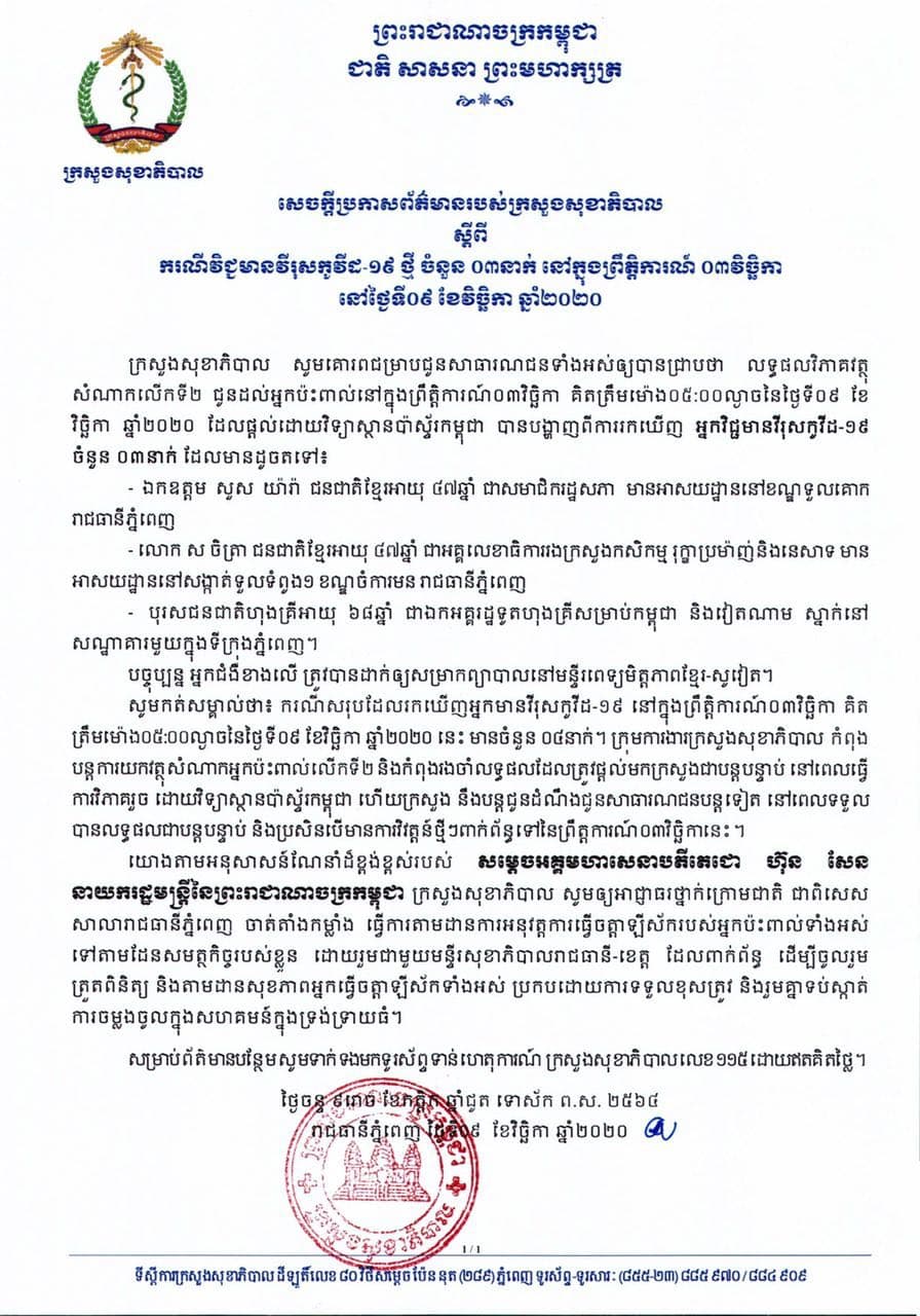 ក្រសួងសុខាភិបាលប្រកាសសមាភាព មនុស្ស៣រូប  រកឃើញថាវិជ្ជមានកូវីដ-១៩ បន្ថែមទៀត ដែលពាក់ព័ន្ធជាមួយព្រឹត្តិការណ៍៣វិច្ឆិកា