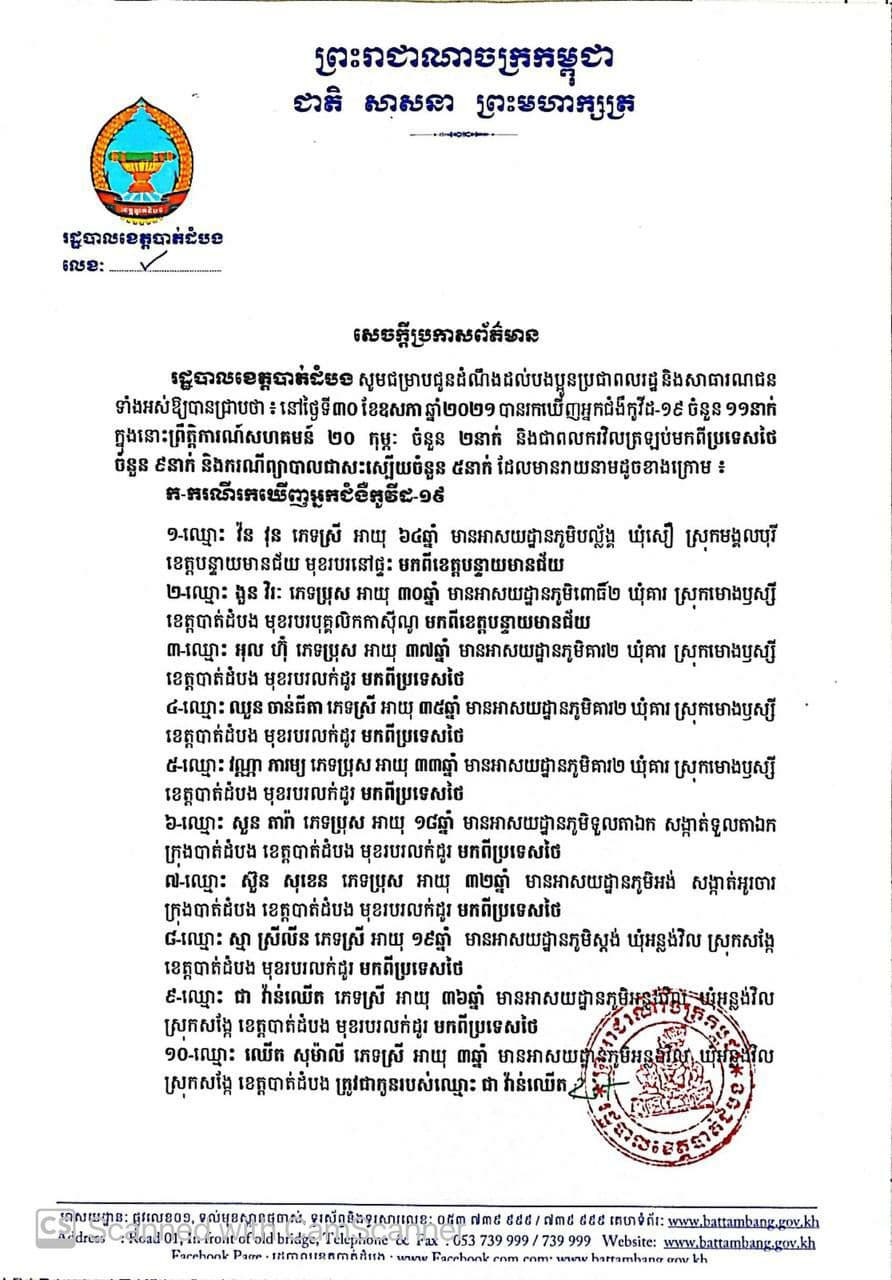 រដ្ឋបាលខេត្តបាត់ដំបង រកឃើញនូវករណីវិជ្ជមានកូវីដ-19 ចំនួន ១១នាក់ ថ្មីបន្ថែមទៀត និង បានព្យាបាលជាសះស្បើយចំនួន០៥នាក់នៅថ្ងៃទី៣០ខែឧសភានេះ