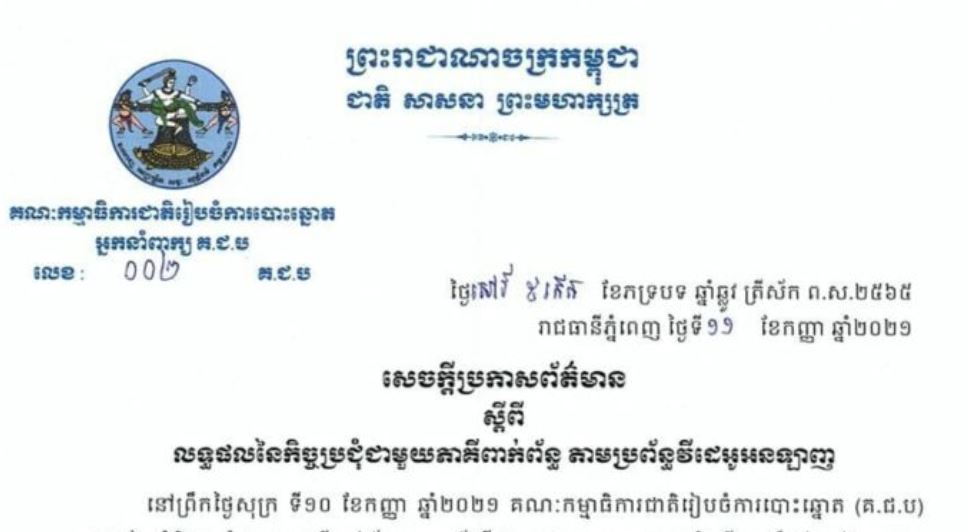 គ.ជ.ប ចេញសេចក្តីប្រកាសពីលទ្ធផលនៃកិច្ចប្រជុំជាមួយភាគីពាក់ព័ន្ធ តាមប្រព័ន្ធវីដេអូអនឡាញ