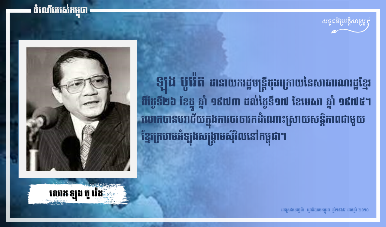 ឡុង បូរ៉េត បក្ខភាពនាយករដ្ឋមន្រ្ដីដែលមកពីគណបក្សសង្គមសាធារណរដ្ឋ និងជានាយកមន្រ្ដីចុងក្រោយបង្អស់នៃសាធារណរដ្ឋខ្មែរ ចាប់ពីឆ្នាំ១៩៧៣ រហូតដល់ត្រូវផ្ដល់រំលំបានសម្រេចដោយកងទ័ពនៃរបបកម្ពុជាប្រជាធិបតេយ្យនៅថ្ងៃទី១៧ ខែមេសា ឆ្នាំ១៩៧៥