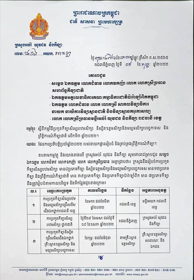 ឯកឧត្តមបណ្ឌិតសភាចារ្យ ហង់ជួន ណារ៉ុន រដ្ឋមន្រ្តីក្រសួងអប់រំ យុវជន និងកីឡាគោរពជម្រាបជូនថា ក្រសួងនឹងរៀបចំការប្រកួតកីឡាសិស្សបឋមសិក្សា  និស្សិតឧត្តមសិក្សា និងមធ្យមសិក្សាបច្ចេកទេស និងព្រឹត្តិការណ៍កីឡាជាតិលើកទី៣ ឆ្នាំ២០២២