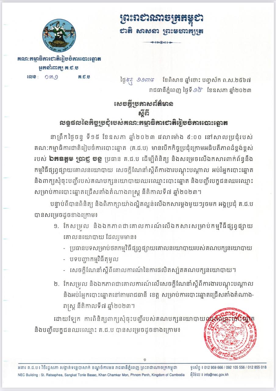 គ.ជ.ប បដិសេធការចុះបញ្ជីគណបក្សនយោបាយឈរឈ្មោះបោះឆ្នោតជ្រើសតាំងតំណាងរាស្ត្រ នីតិកាលទី៧ ឆ្នាំ២០២៣ របស់គណបក្សភ្លើងទៀន