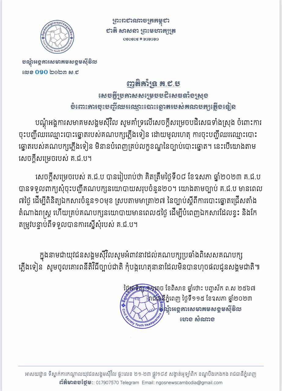 បណ្តុំអង្គការសមាគមសង្គមស៊ីវិលនិងគណបក្សយុវជនកម្ពុជាគាំទ្រសេចក្តីសម្រេចបដិសេធរបស់គ.ជ.បចំពោះការចុះបញ្ជីឈរឈ្មោះបោះឆ្នោតរបស់គណបក្សភ្លើងទៀន